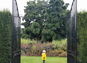 Max standing in between two huge iron gates