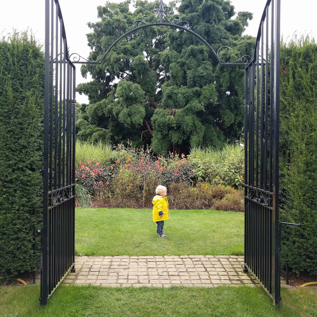 Max standing in between two huge iron gates