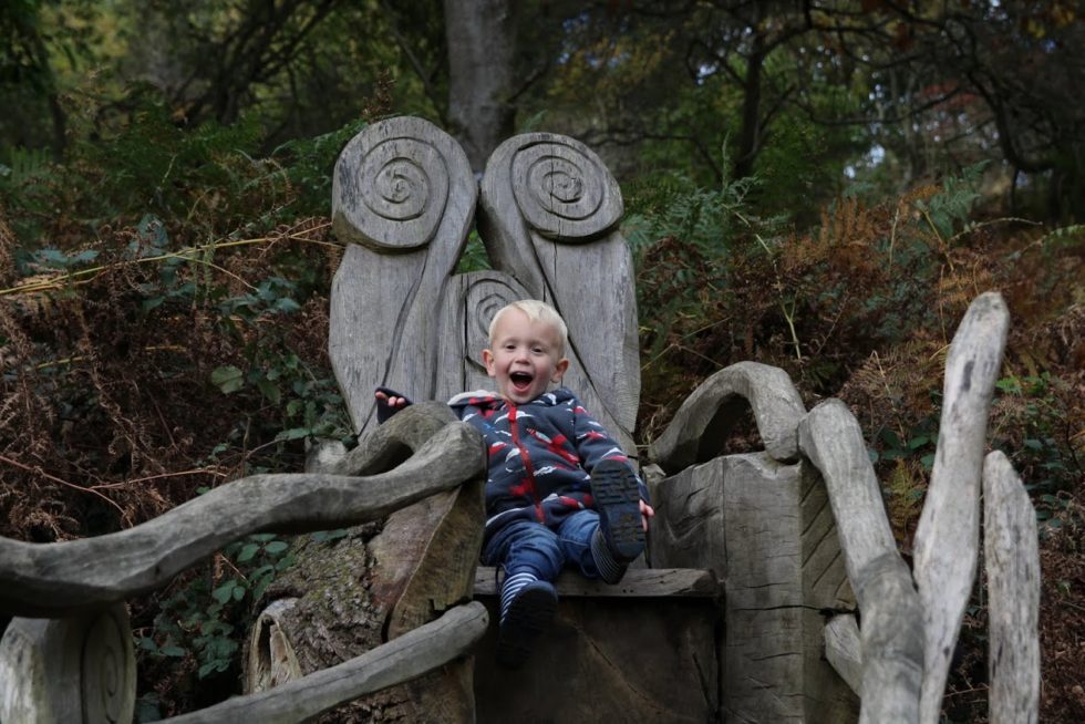 Max sat on top of wooden throne, with swirled carvings set into it.