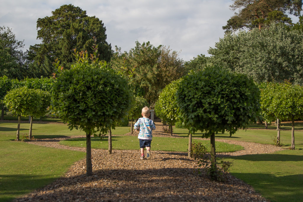 Gravel pathway lined with small trees, with little boy running into the distance