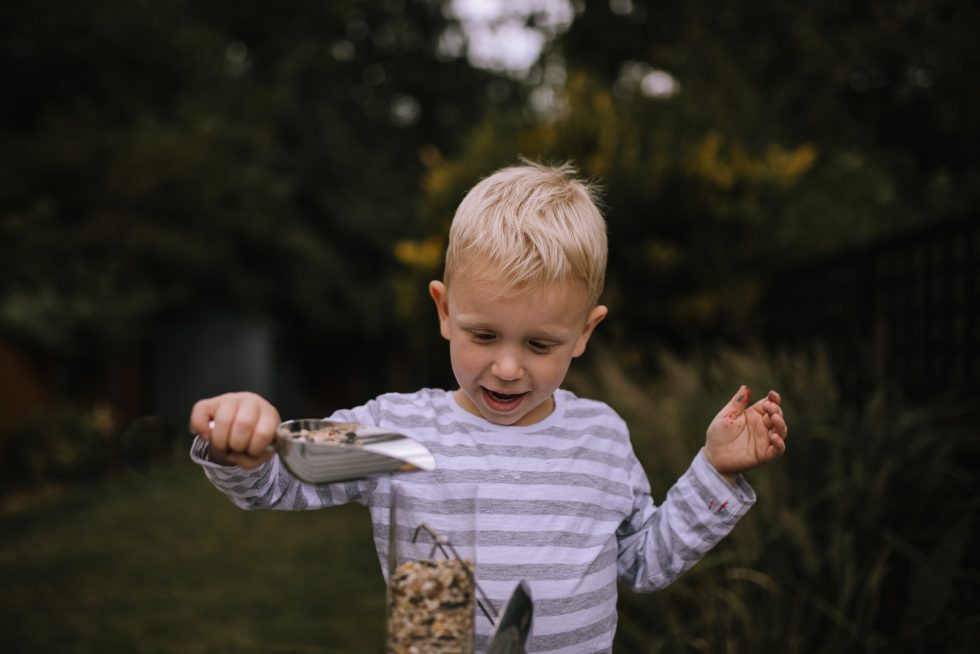 Little boy filling bird feeder with bird seed